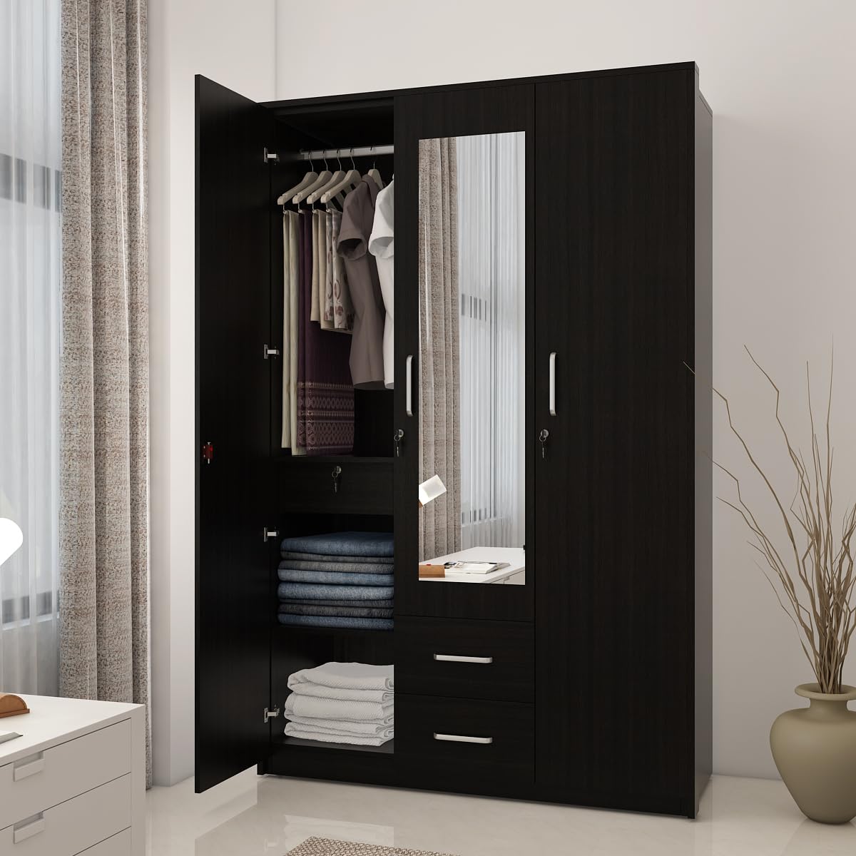 Spacewood Apex 3 Door Wardrobe with Mirror | Natural Wenge Finish | Engineered Wood Almirah with 3 Drawers (1 Lockable) & 2 Hanging Spaces | Bedroom Cupboard Almari | 3-Year Warranty-image-6
