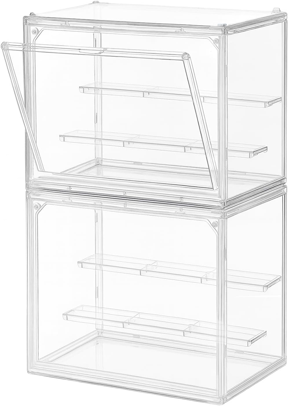 2-Pack Acrylic Display Case for Collectibles, Modular 3-Tier Display Box with Magnetic Door, Stackable Figure Cabinet Compatible with Popmart, Fits Funko Pop & 1:24 Diecast Cars