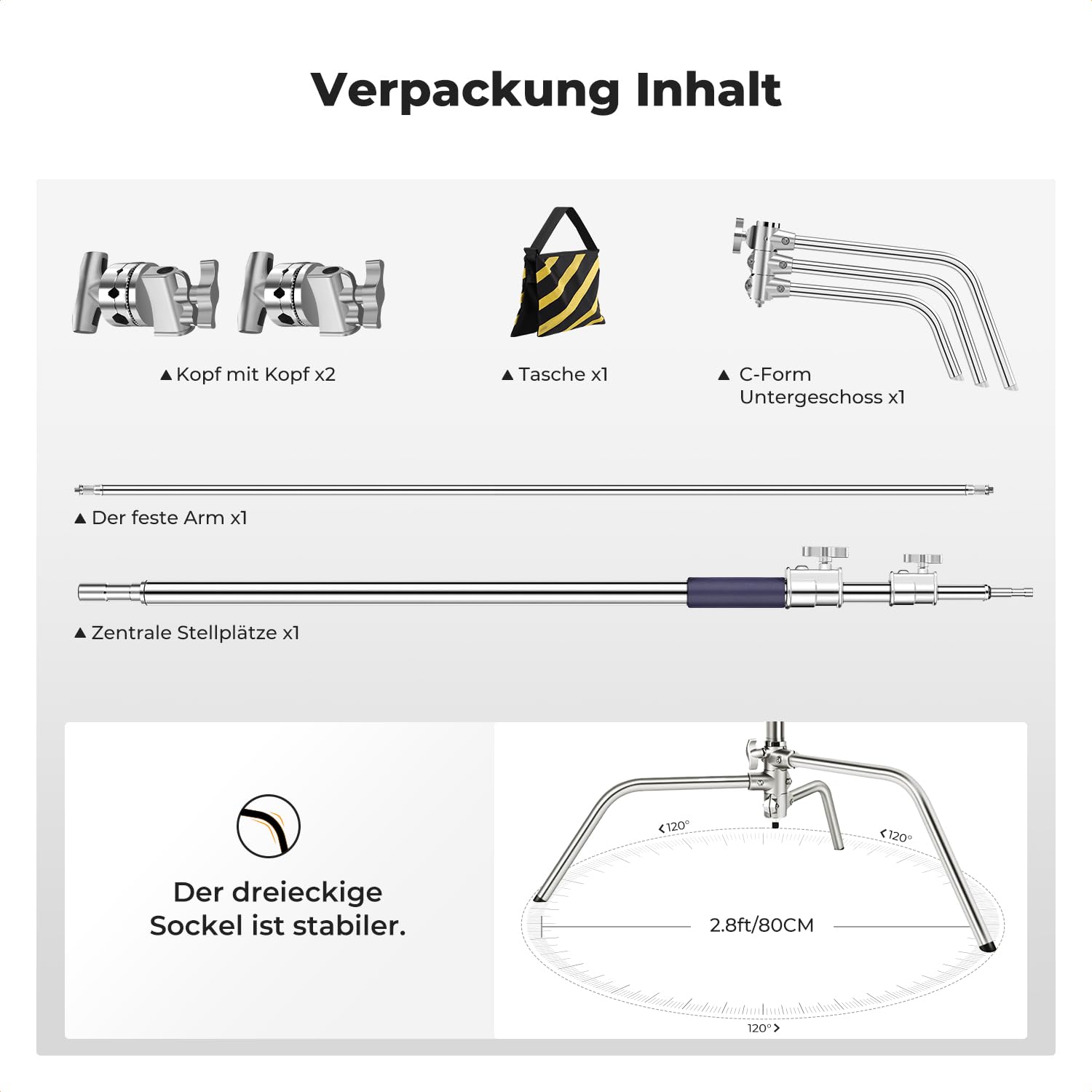 K&F CONCEPT 330CM Wirklich Edelstahl C Ständer Pufferfeder mit Boom Arm | Last 20KG Fotografie Lichtstativ mit 126cm Holding Arm, 2 Griffköpfe für Studio Monolicht, Softbox