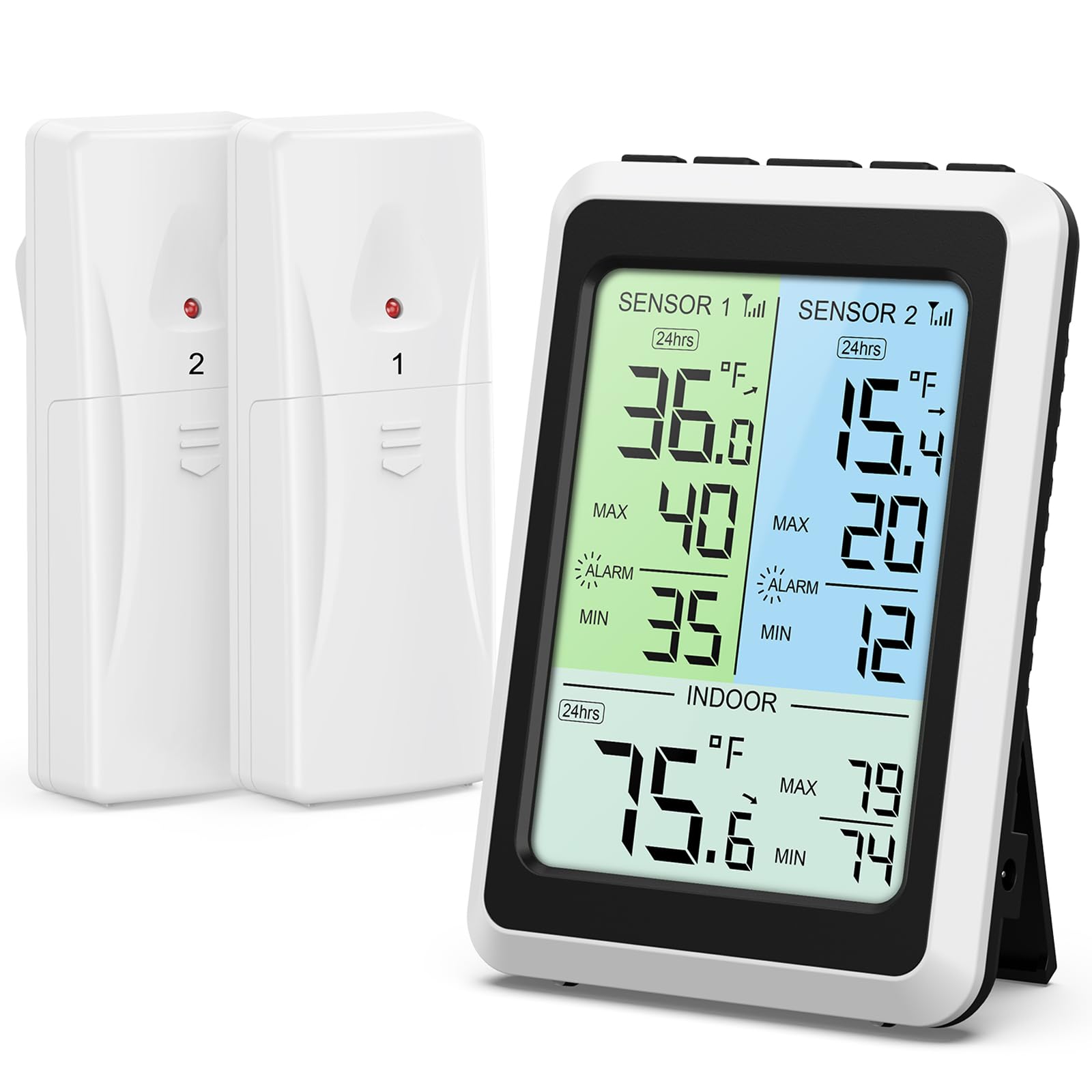 Termometro digitale per frigorifero, senza fili, con 2 sensori, display LCD a colori e registrazioni max min., indicatore di temperatura, ideale per piccoli frigoriferi, cucina, ristorante