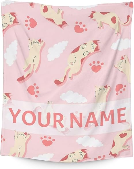 Personalized Cat Blanket Gifts with Name - 30"x40" Cute Throw for Kids & Adults - Pink Soft Fuzzy Blankets for Couch & Office