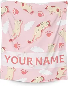 Personalized Cat Blanket Gifts with Name - 30"x40" Cute Throw for Kids & Adults - Pink Soft Fuzzy Blankets for Couch & Office