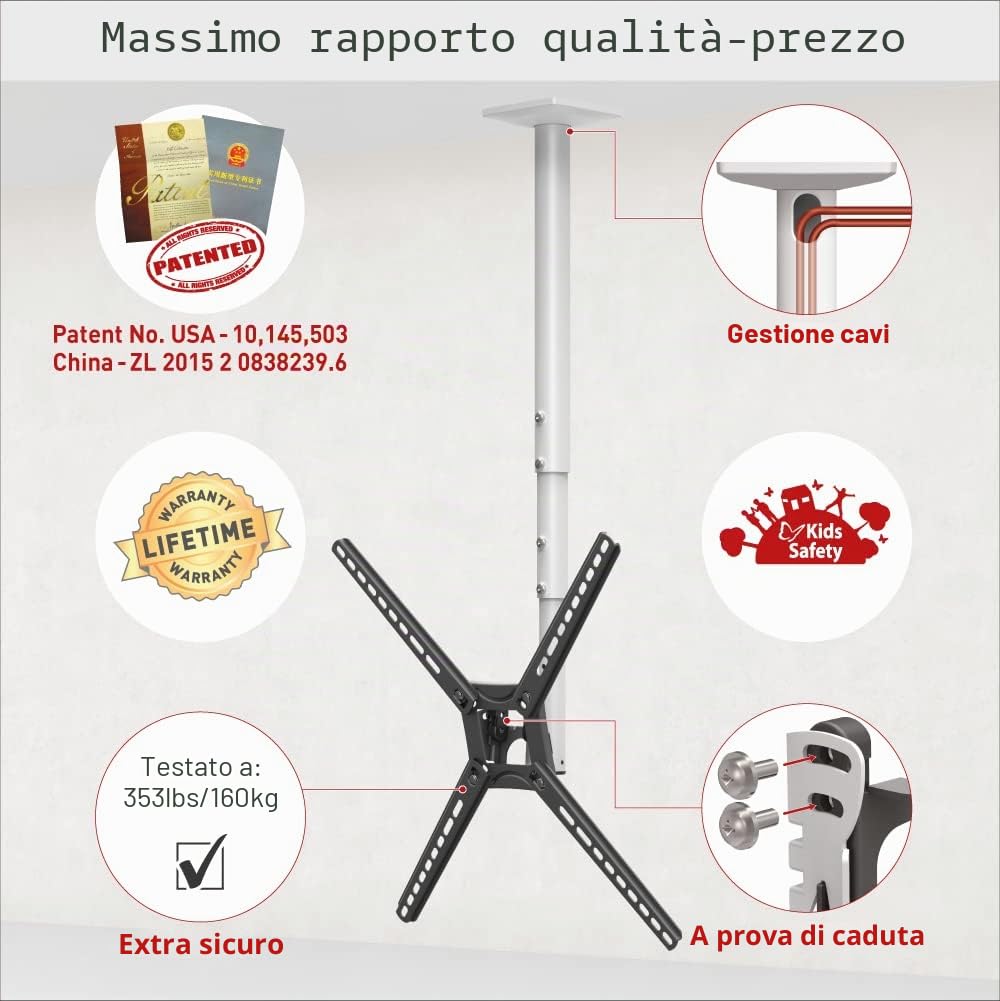 Barkan Supporto da soffitto per TV bianco lungo 97 cm, movimento completo, 3 movimenti, piatto/curvo, supporta fino a 40 kg, regolazione telescopica dell'altezza, adatto per LED OLED LCD