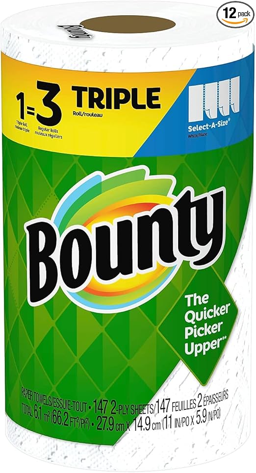 Bounty Select-A-Size Kitchen Rolls Paper Towel, 2-Ply, White, 147 Sheets/Roll, 12 Rolls/Carton (66980)