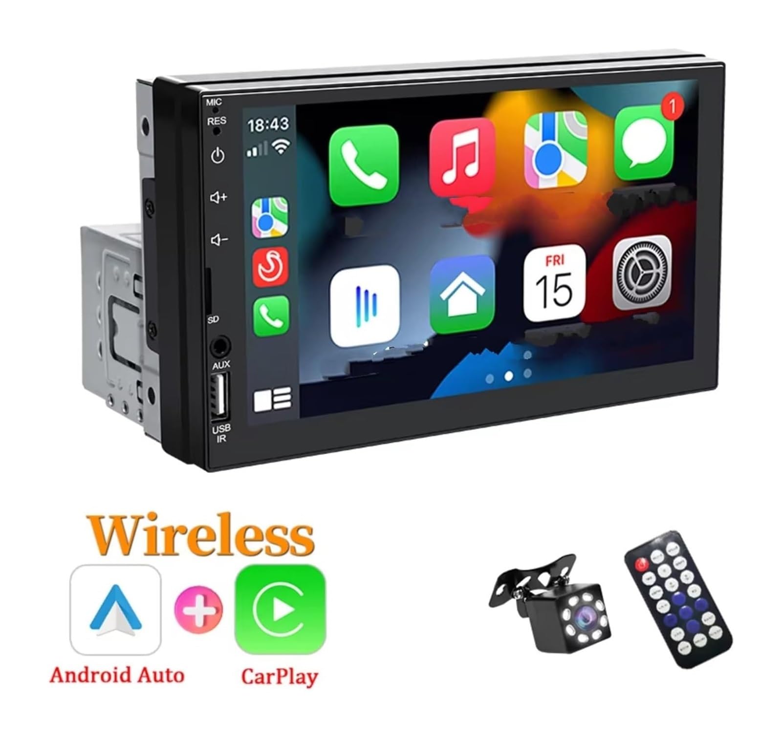 Estéreo Multimedia 1 DIN CarPlay Android Auto 7 Pulgadas WIFI6 Pantalla Táctil IPS 5 GHz Bluetooth FM AUX Enlace Espejo Universal Cámara de Respaldo(with 8 LED Camera)
