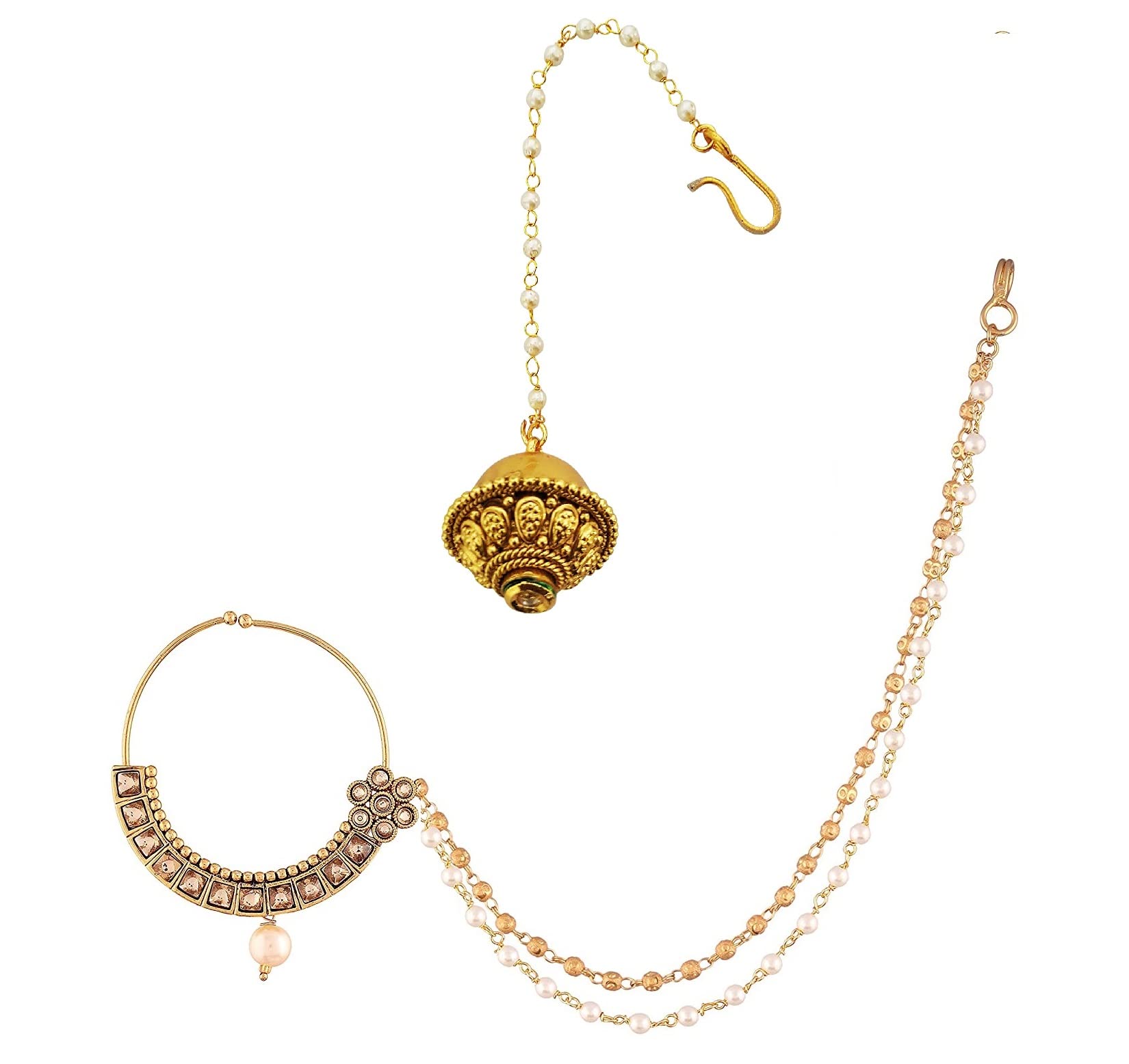 Traditional and Rajputi | Rajasthani Borla Maang Tikka & Gold Plated Traditional Ethnic Bridal Nose Ring | Nath with Pearl Stone without piercing with Pearl Chain Encased for Women 2pc