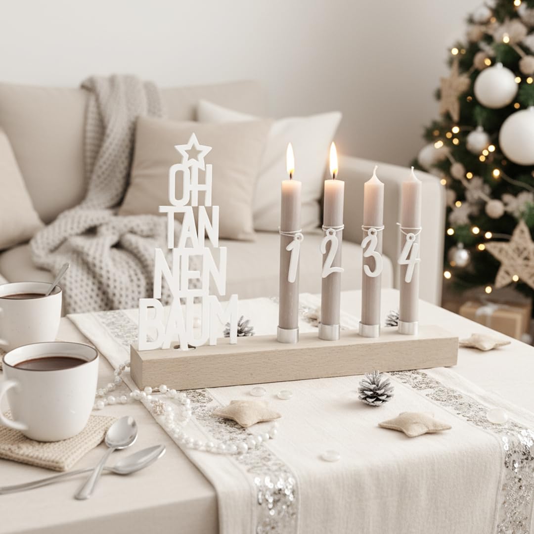 Adventskranz modern aus Holz Kerzenhalter Set länglich Adventsleiste mit Kerzen Oh Tannenbaum (weiß)