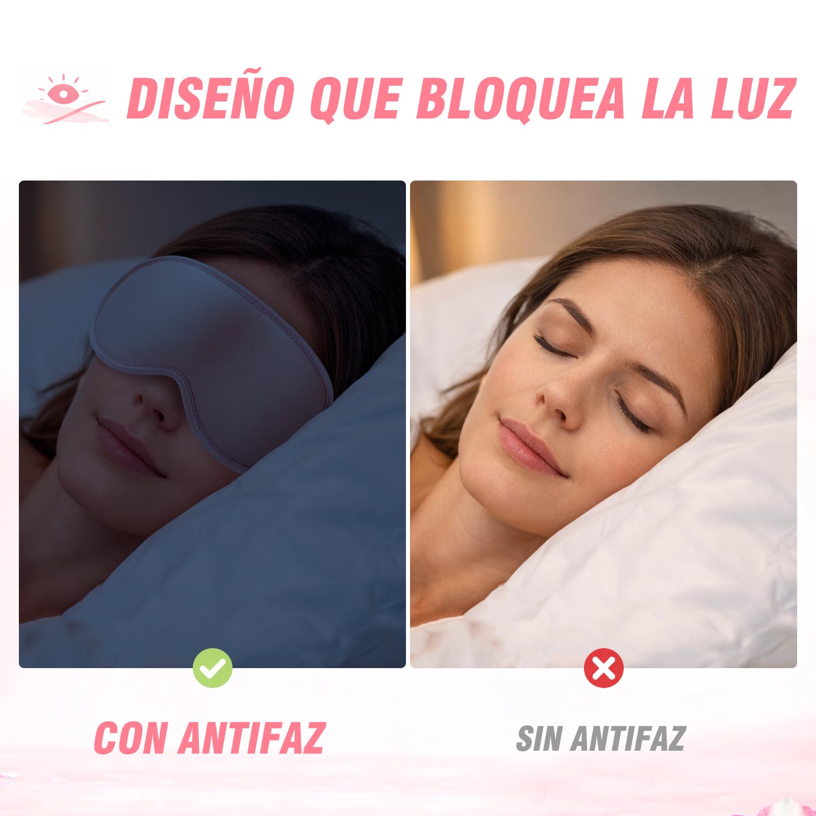 GRIFEMA Antifaz para Dormir 100% Opaco, Máscara de Dormir 3D Sin Presión Ocular, Antifaz Ultrasuave con Correa Ajustable para Dormir de Lado y Viajar, Hombre y Mujer, Rosa