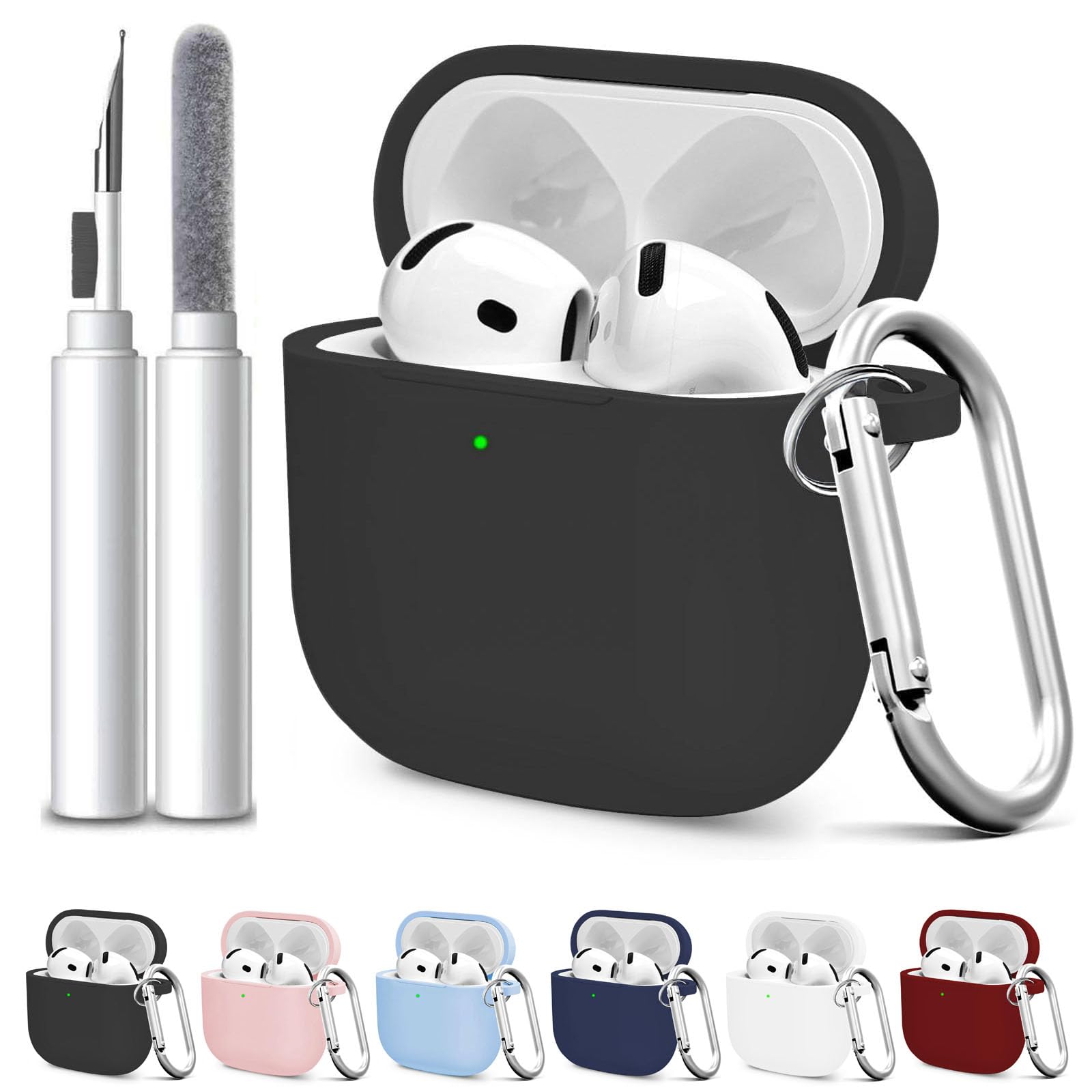 Compatible with AirPods 4 Case Cover, Soft Silicone Shockproof Covers for Airpods 4th Generation 2024 Cases with Keychain and Cleaning Kit Front LED Visible for Women and Men Black