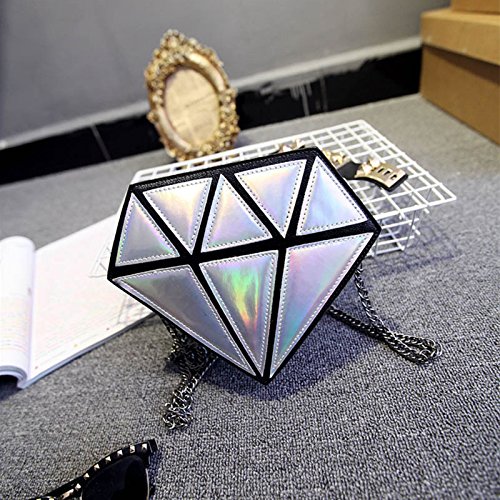 Laser Diamond Shape Evening Shoulder Bag PU Leather Chain bag for Girls, Silver, 18cm2