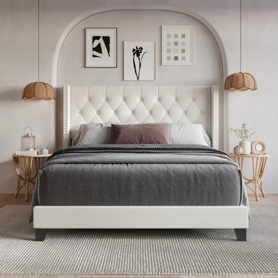 CRIGE Modern Upholstered Queen Size Bed with Headboard for Bedroom | Wooden Double Bed Cot Palang Furniture Without Storage for Living Room | Hotel (White, Queen Size)-picture-27