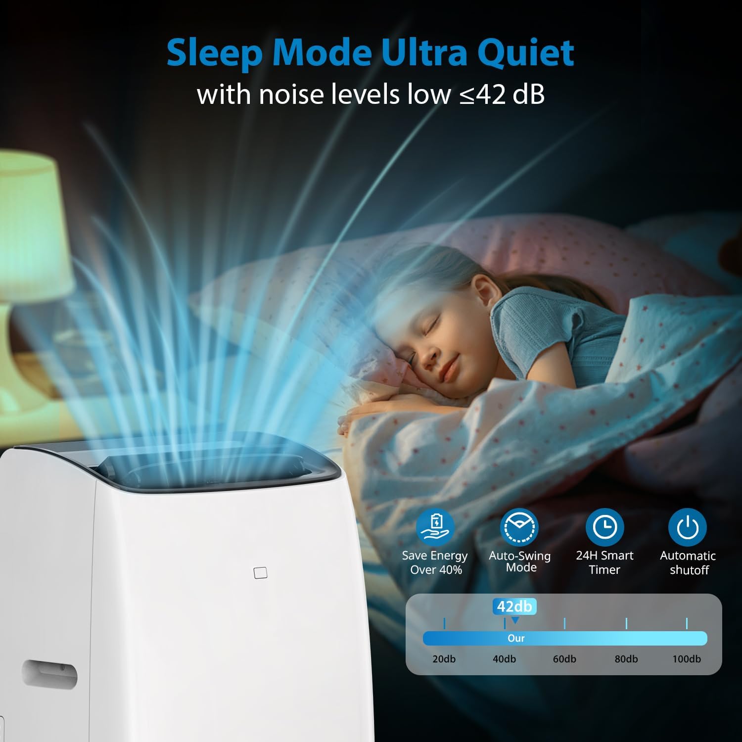 Garvee Portable Air Conditioner in Sleep Mode, showing low noise level of 42dB