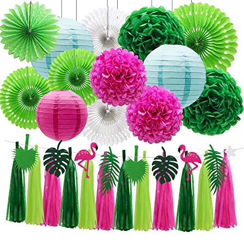 ADLKGG Tropical Flamingo Palm Leaf Banner Party Decorations, Hanging Paper Fans Paper Lanterns Pom Poms Flowers Tissue Tassels for Birthday Baby Shower Summer Hawaiian Party Bachelorette