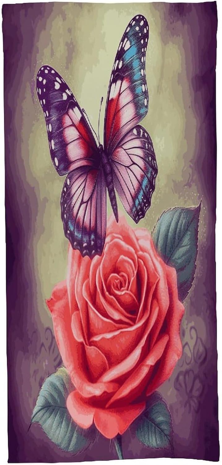 Butterfly and Rose Towel Vacation Accessories Essentials Soft Lighterweight，Bath Towel for Adults Women Men，Bath Towels Gift for All Occasions, Machine Washable.