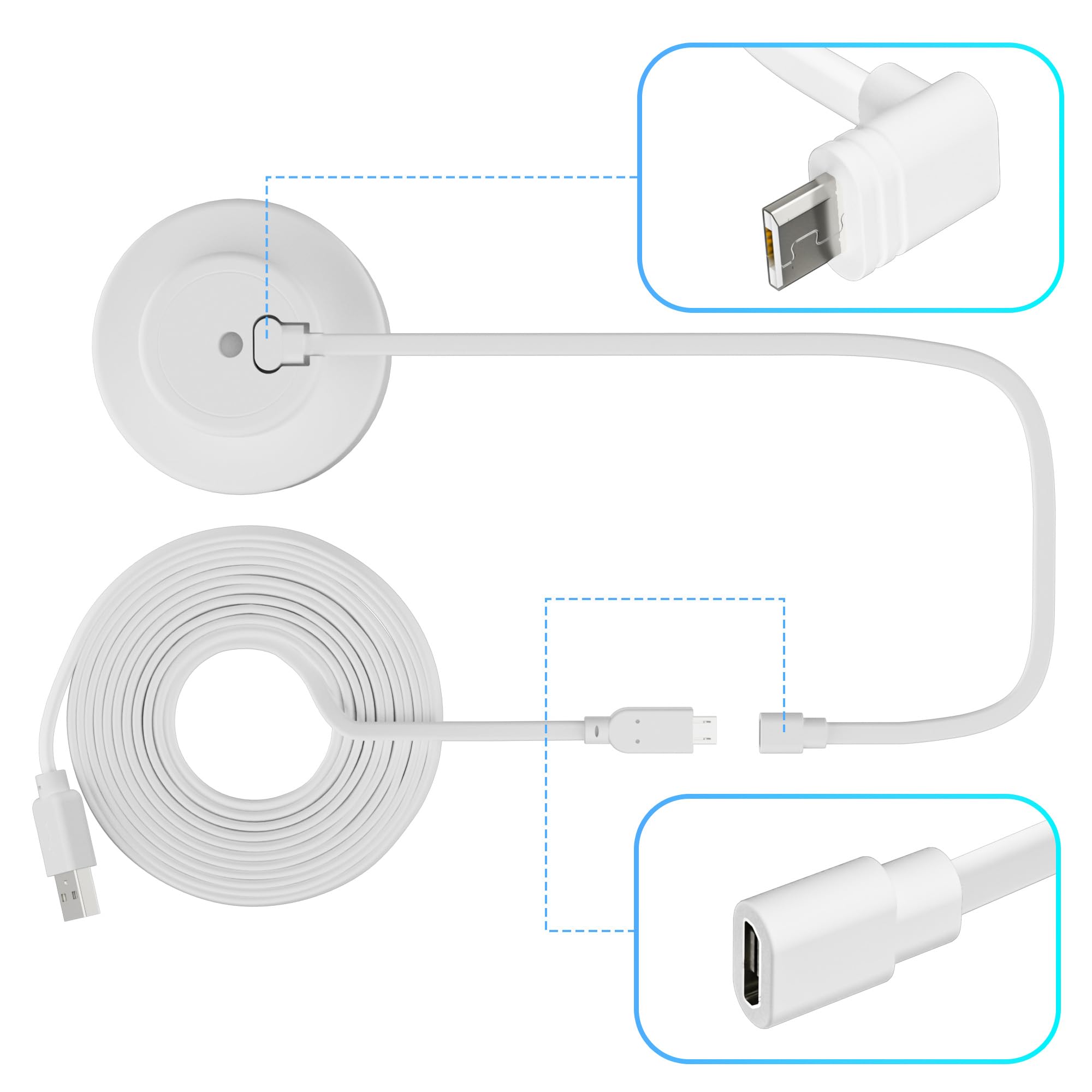Paquete de 2 cables de extensión USB a micro USB de 30 pies, cable de carga de cámara plano compatible con Wyze Cam v4, Wyze Cam Pan v3, Wyze OG, Wyze Cam v3 y v3 Pro cámara de seguridad, con