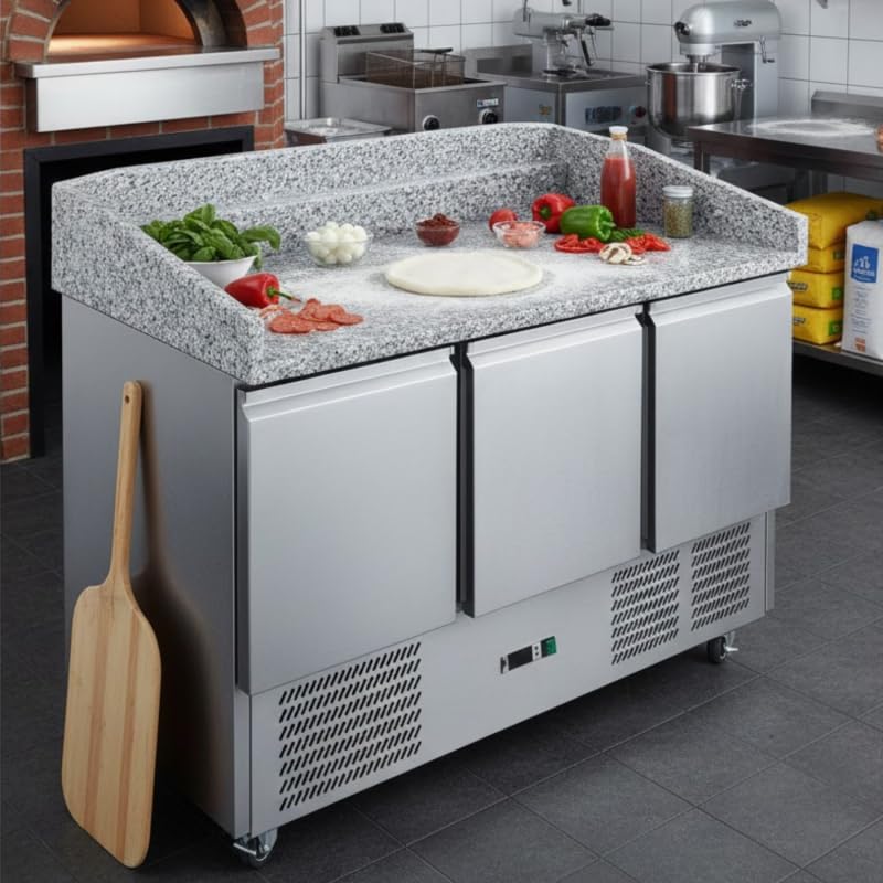 GN 1/1 R290 - Mesa de pizza refrigerada de 3 puertas de granito, 1400 mm, 368 L, con respaldo
