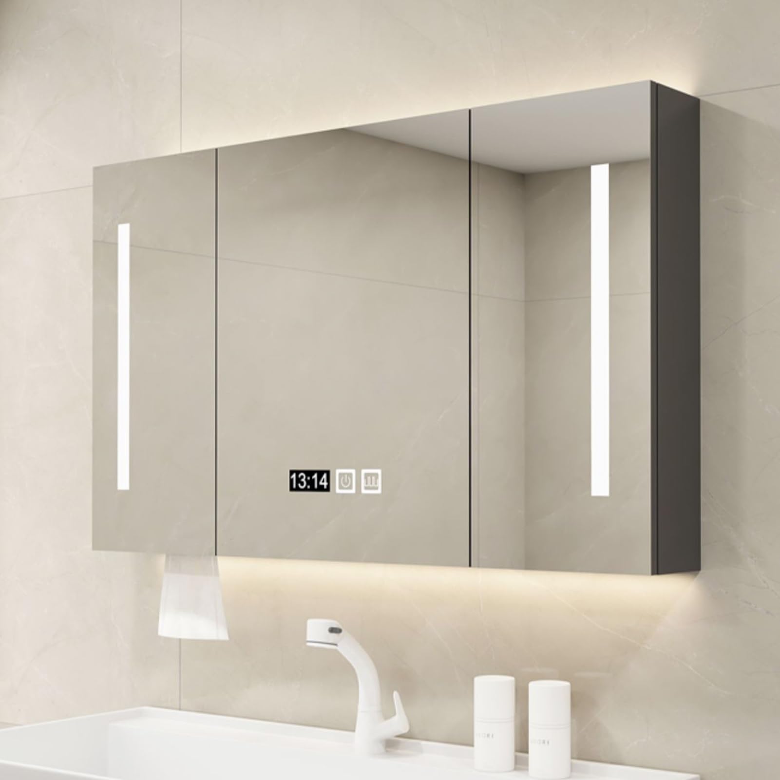 WNYAILLL Armario con Espejo para Bano, Armario baño con Espejo y luz led, con Espejo Antiniebla y 3 Luces Regulables Espejo de baño, Atenuación Continua, Visualización de la Hora(120cm/47.2in)