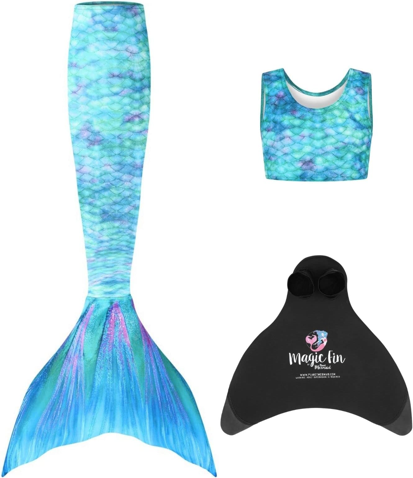 Planet Mermaid Girls Kids 3 Piece Vivid Colour Swimming Mermaid Tail, Crop Top & Wear-Resistant Magic Fin Monofin (Included)