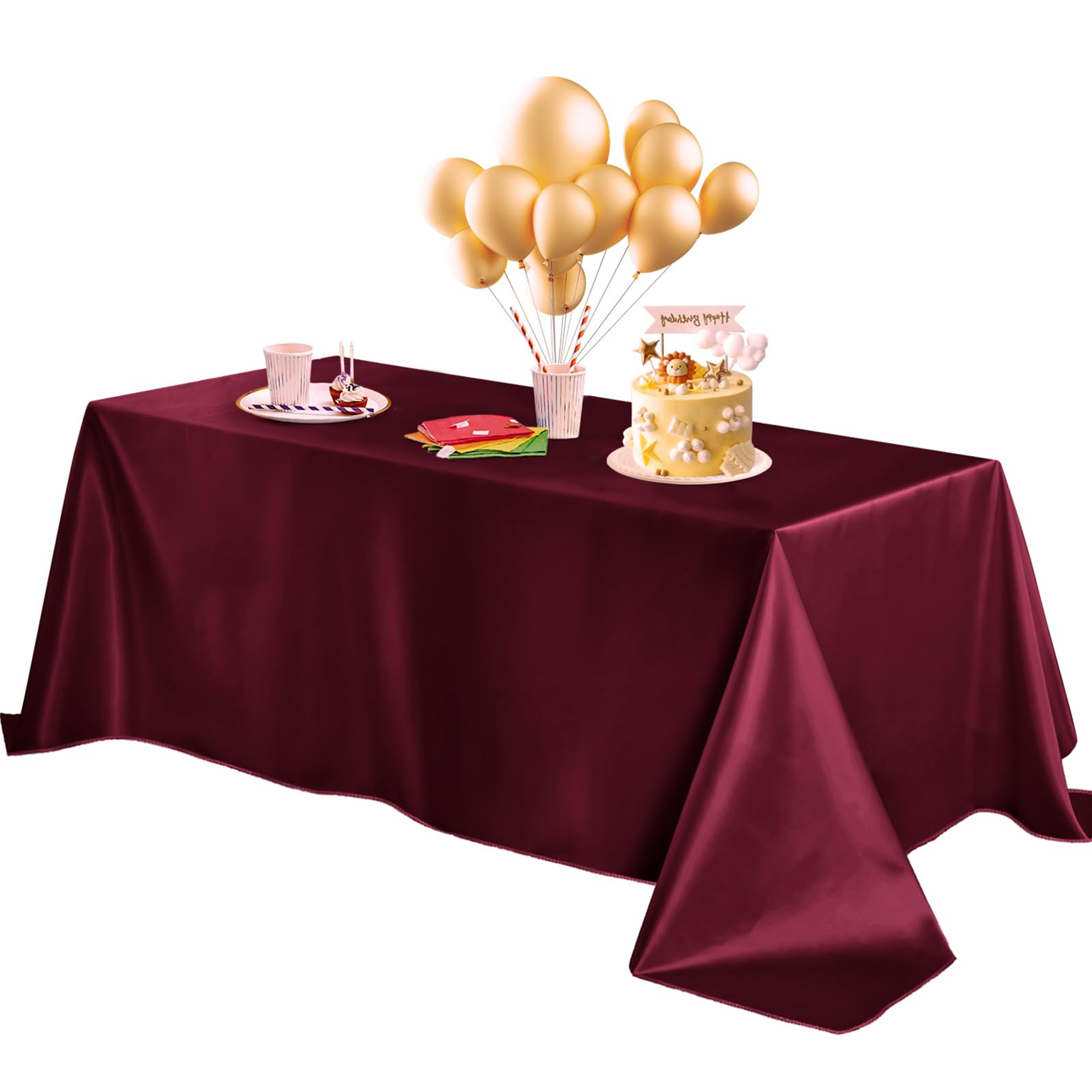 Photo 1 of Horbaunal Burgundy Satin Tablecloth 60 x 84 Inches Rectangle Table Cloth Bright Silky Table Cover Overlay Dining Tablecloths for Wedding Party Banquets
