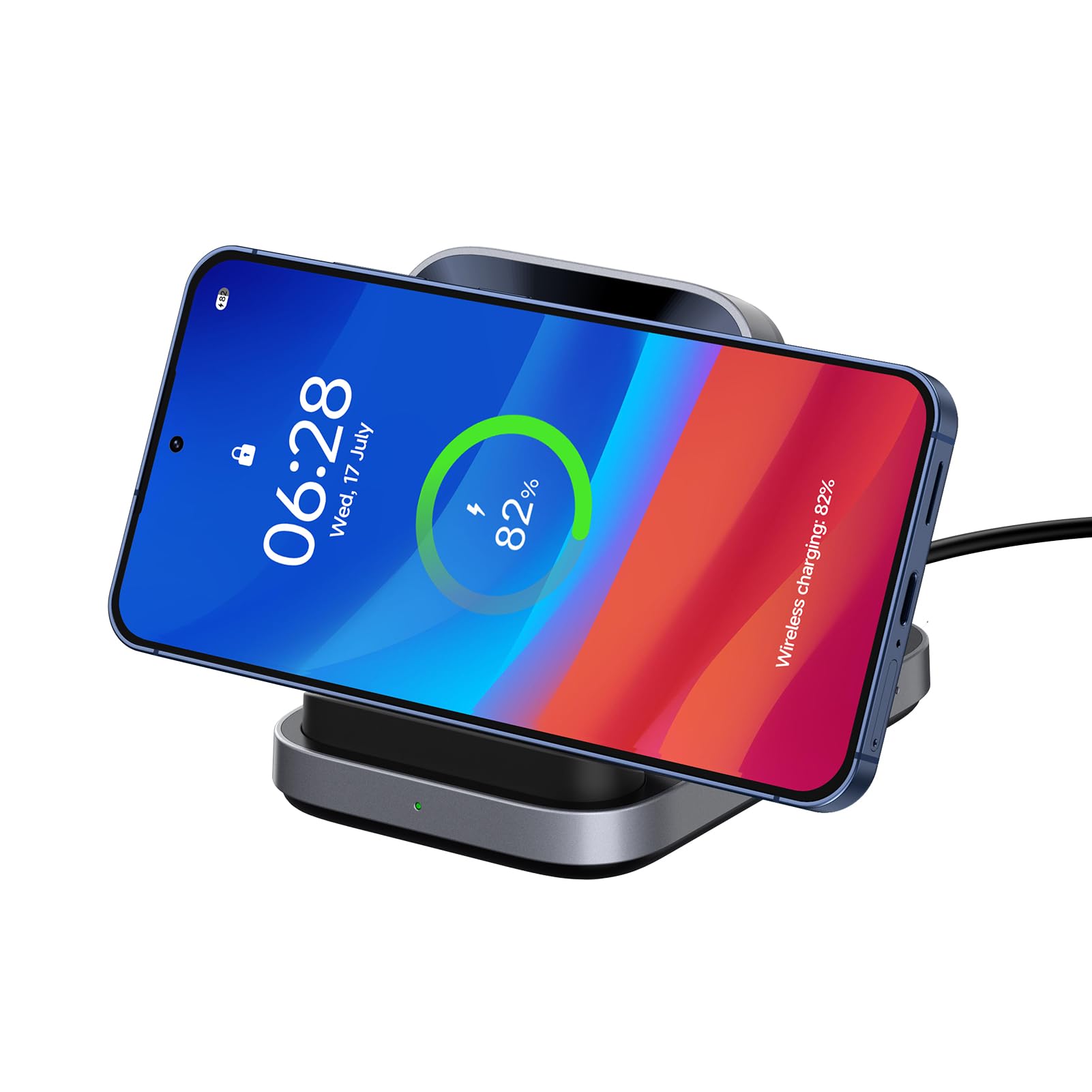 SwanScout 508 Wireless Charger Stand connected to a wall adapter with a smartphone charging horizontally.