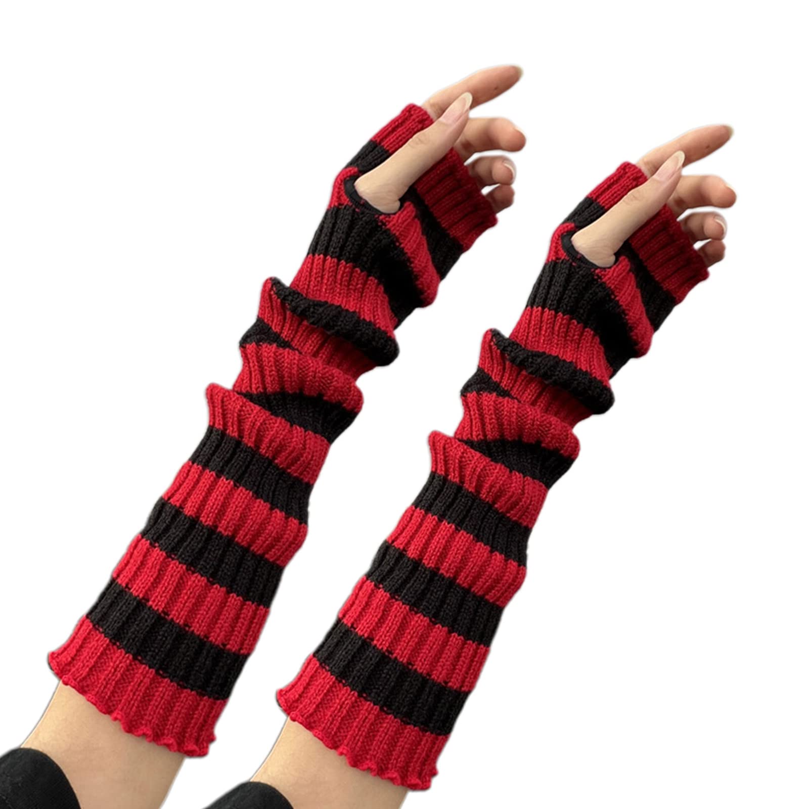 Montesy Men's Gloves Knit Arm Leg Warmer Long Fingerless Striped Knitted Wrist Warmer With Thumb Hole For Wo Girls 42Cm Long Knit Arm Warmer Striped Leg Warmer Wo Long Fingerless Fashion Winter