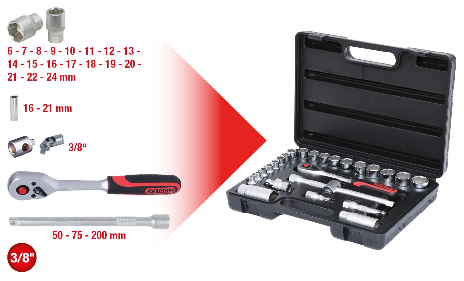 KS Tools 911.0626 3/8"Juego de llaves de vaso 26 pzs