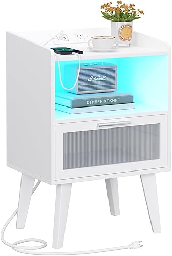 VIMBER Mesita de noche con LED ajustable y cajón Desighed para dormitorio, mesa auxiliar con estación de carga, mesa auxiliar con compartimento