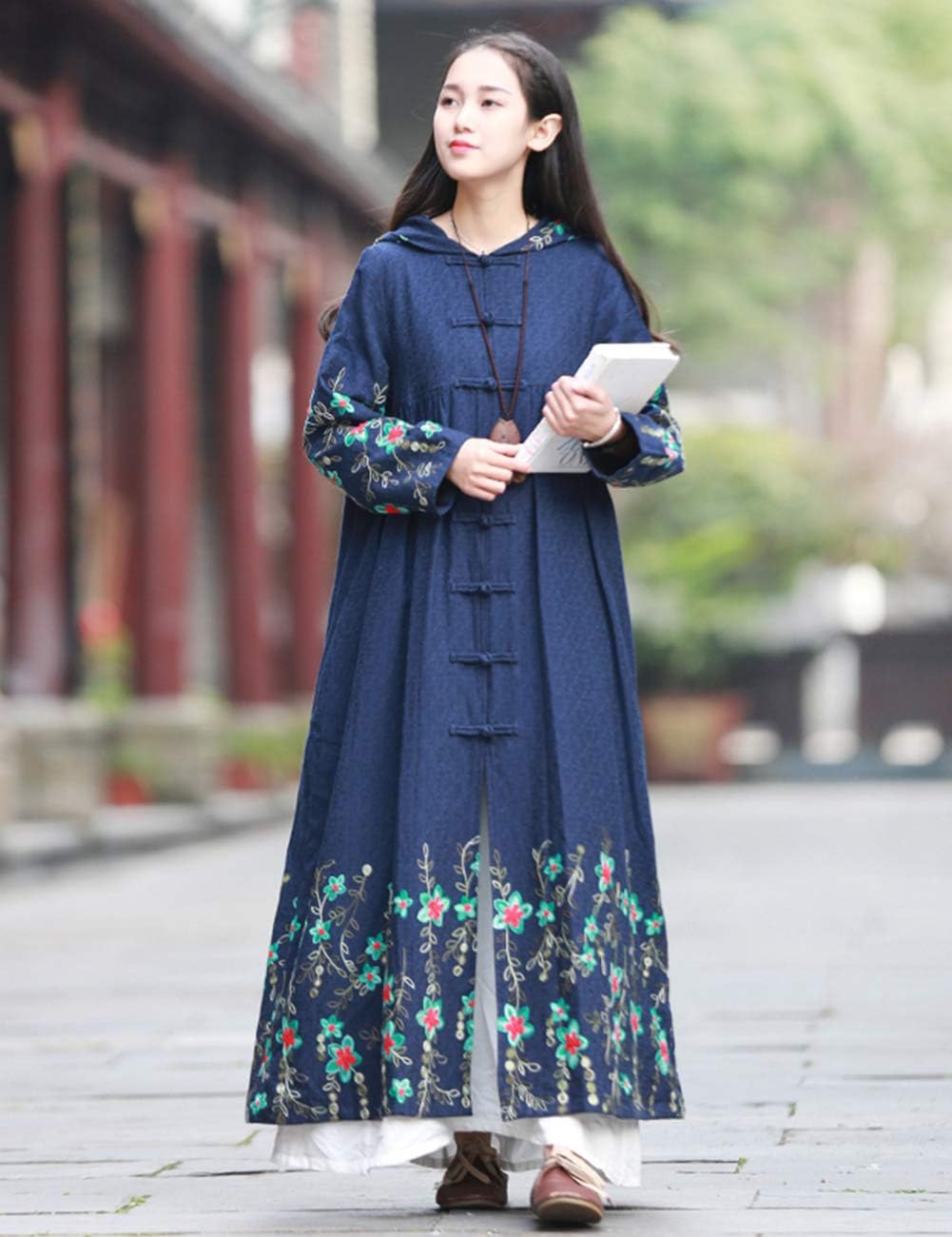 LUZU JUNU Women's Lightweight Long Trench Coat Hooded Windbreaker Jacket with Flower Embroidery