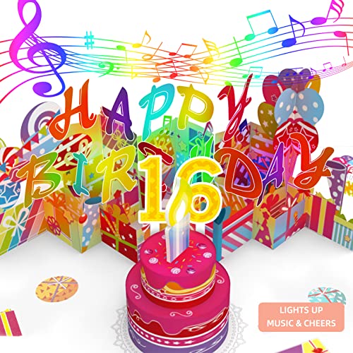 Sweet 16 Musical Birthday Popup Card, Blowable Led Light Candle 3D Cards With Song 'Happy', Applause Cheers Sound,Color-Changing Lights,Colourful Greeting Cards For Kids Girls Boys Daughter & Son #TOP13