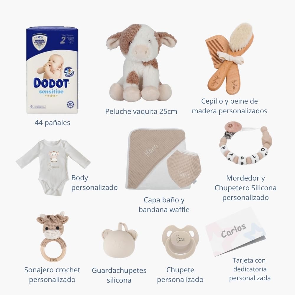 Tarta de pañales personalizada para bebé Vaquita Moo, Regalo Original para Baby Shower, Recién Nacido, Bautizo, Pañales D. Sensitive, Pastel de pañales