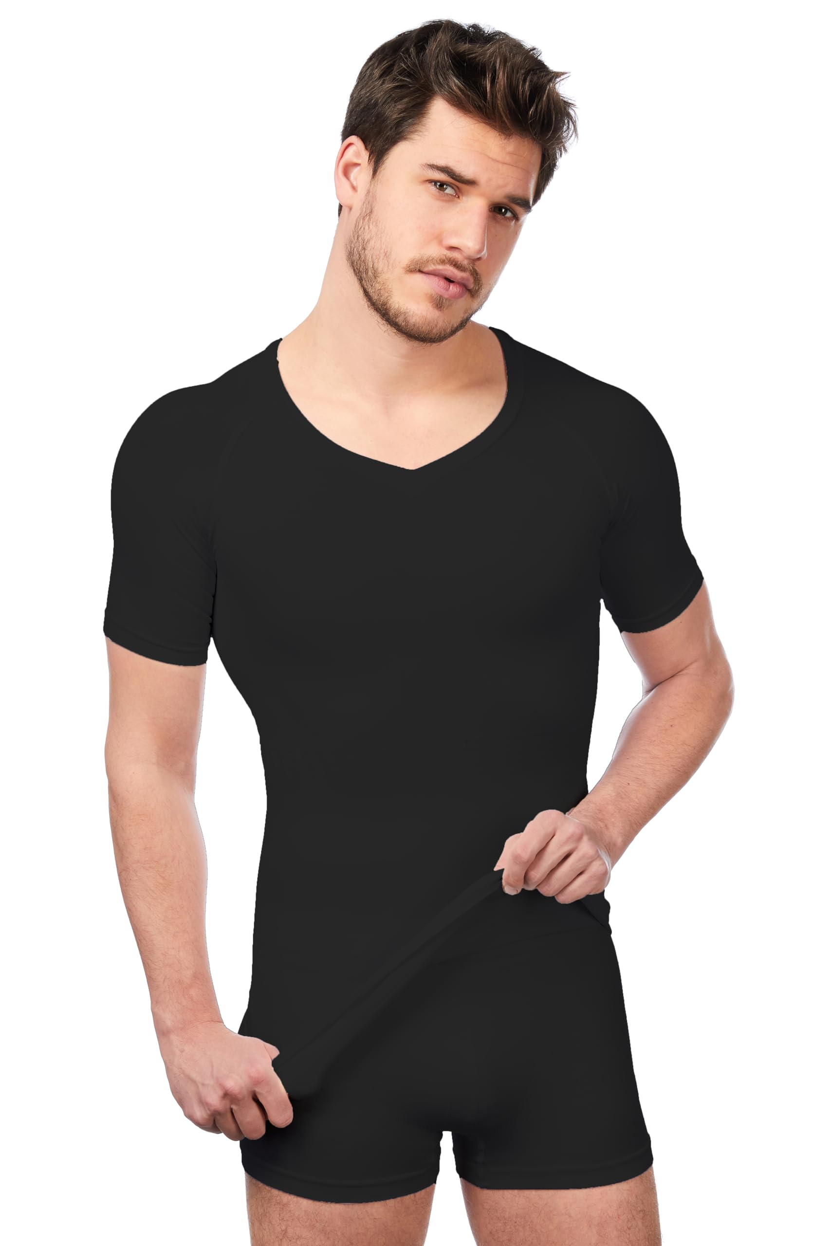 UnsichtBra Shapewear V - Ausschnitt Kurzarm Unterhemd Herren | Body Shaper Funktionsshirt Herren | Bauchweg Kompressionsshirt Unterziehshirt Weiss