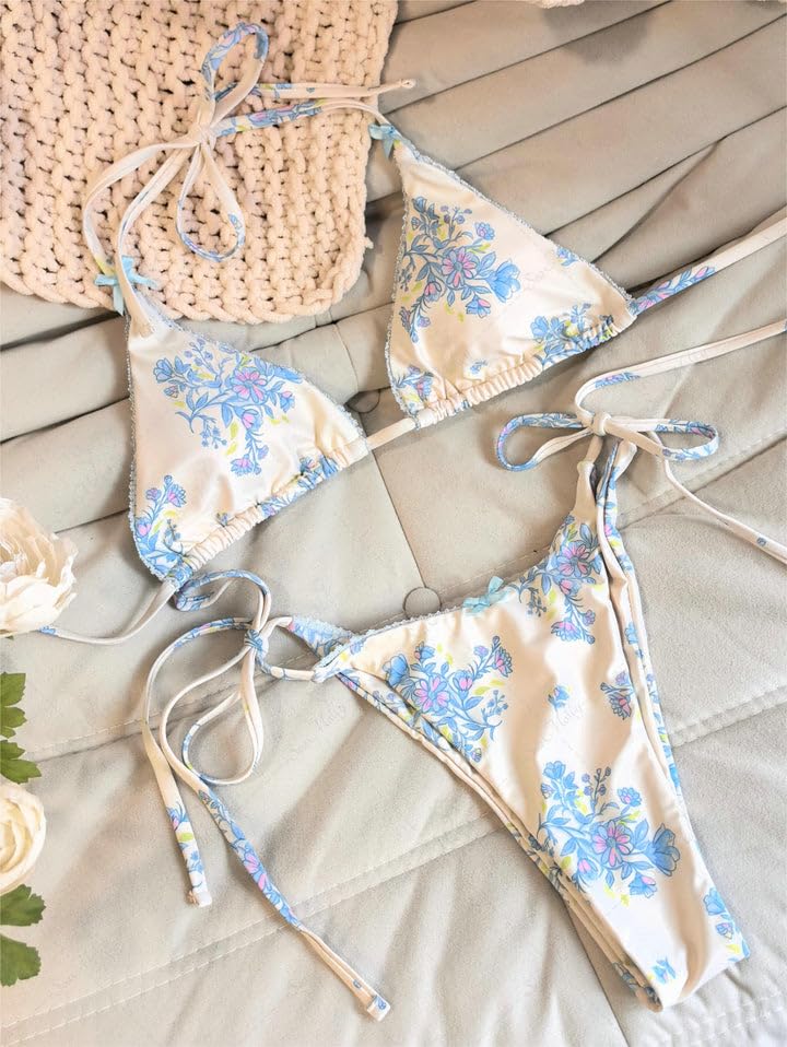 Image of ZAFUL Womens Printed Triangle Bikinis 2 Piece Halter Bikini Sets High Cut Bathing Suit Side Tie Swimsuits
