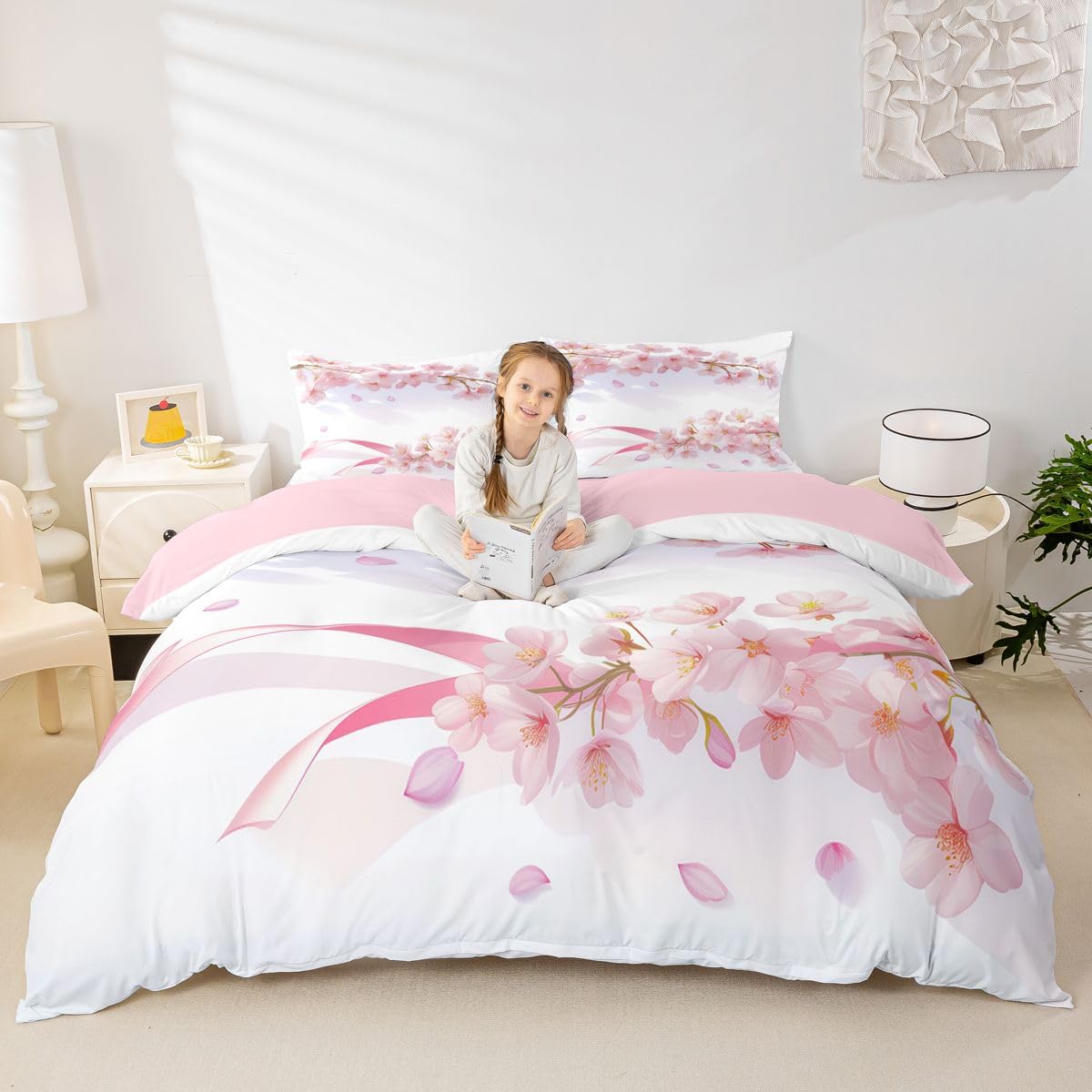 Homewish Różowy kwiatowy zestaw pościeli na łóżko podwójne kwiaty wiśni poszewka na kołdrę kwiat płatek gałąź kwiatowa poszewka na kołdrę japoński styl romantyczny tematyczne zestawy łóżek