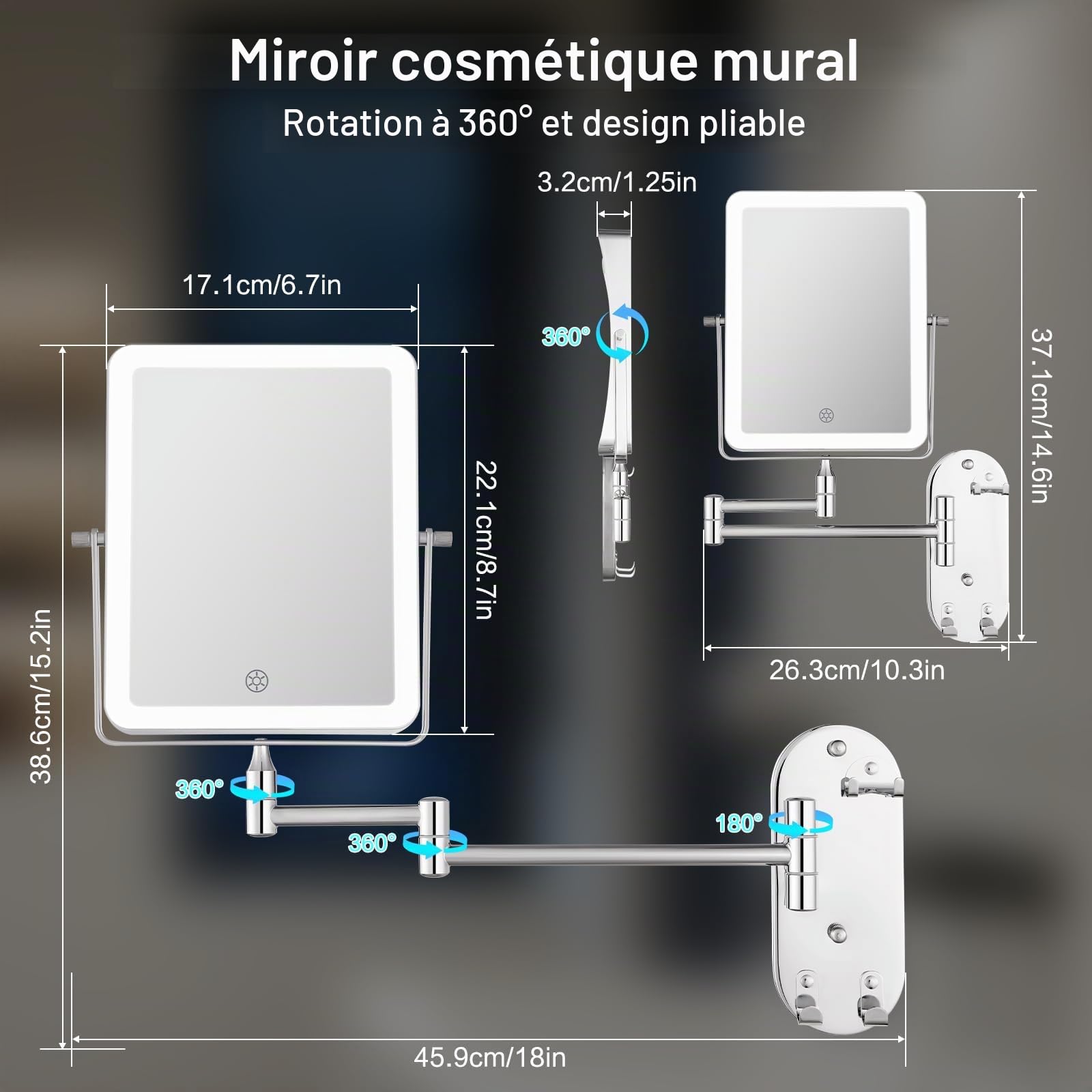Miroir Maquillage Lumineux Rechargeable, Miroir Salle de Bain avec Éclairage 3 Couleurs, Miroir LED Grossissant 7X Mural, Rotatif à 360° et Extensible(AMZ-NHZJ2323-EU)