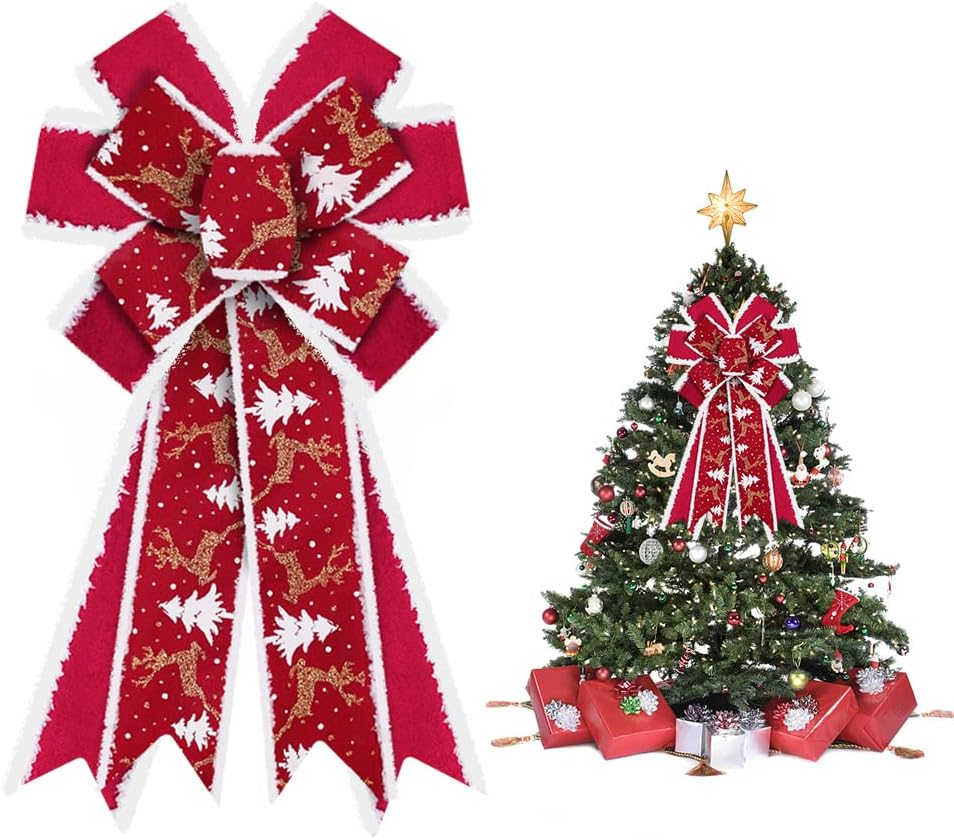 Hying Large Red Velvet Wreath Bows for Xmas Decor - Glitter Christmas Tree Winter Red Bow for Front Door Indoor Outdoor Wall Tree Topper Decoration Supplies Christmas Ornament