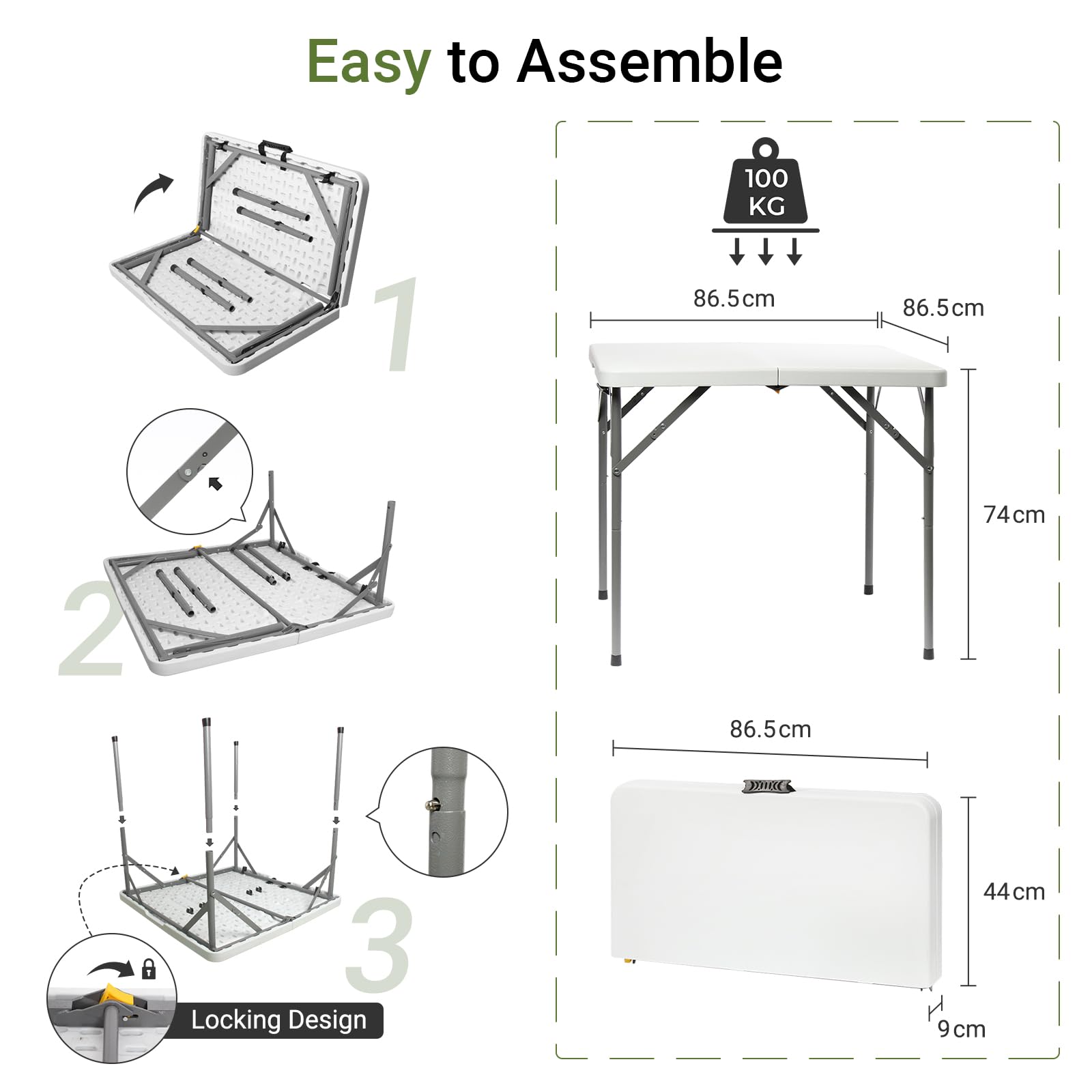 Todeco Table Pliante de Jardin Carrée, Traiteur Pliante Table 86 x 74cm, Table Transportable pour Camping BBQ Barbecue Pique-Nique, Pieds en Acier Pelliculé Gris