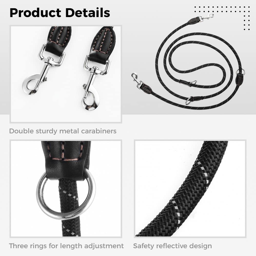 Laisse pour Chien, Laisse Double en Nylon réfléchissant avec 2 mousquetons et 3 Anneaux de réglage, Laisse d'épaule réglable 1,3 cm x 3 mm, pour Jogging et Dressage, Chiens Moyens et Grands
