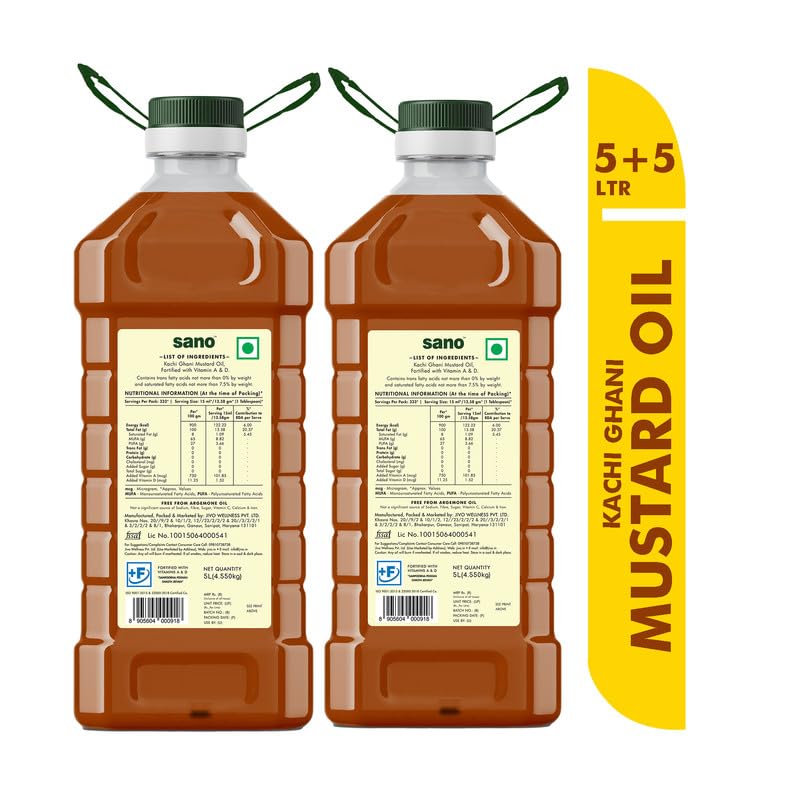 Image of sano Pure & Fresh Kachi Ghani Mustard Oil - 5 Ltr X 2 Pack Pet Bottle | High Pungency | Rich in Omega-3 | 100% Natural | Authentic Indian Cooking Oil