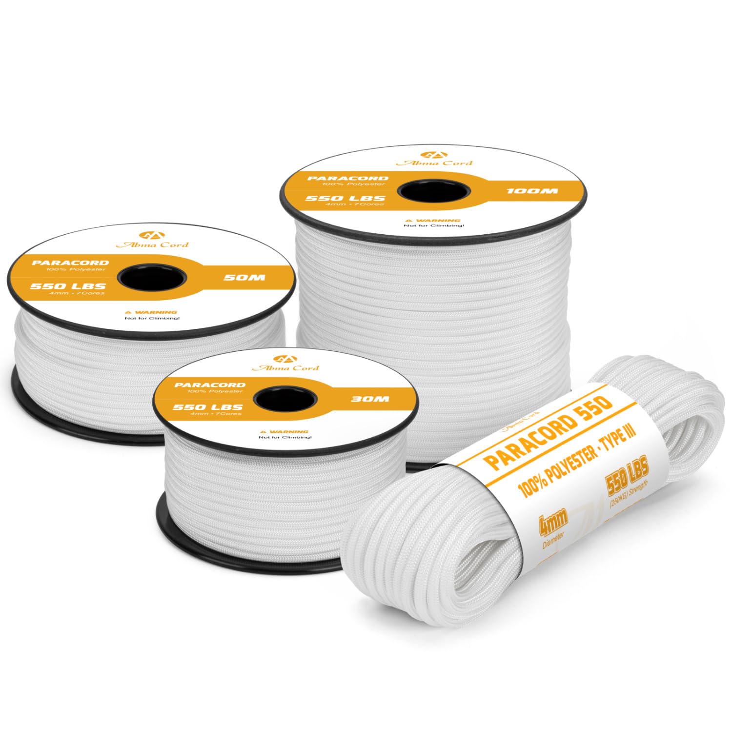 Abma Cord 550 Paracord 4mm 15m Rope 7 Strands Type III Parachute Cord for Crafting, Camping, Survival, Outdoor - Max. 250kg - White