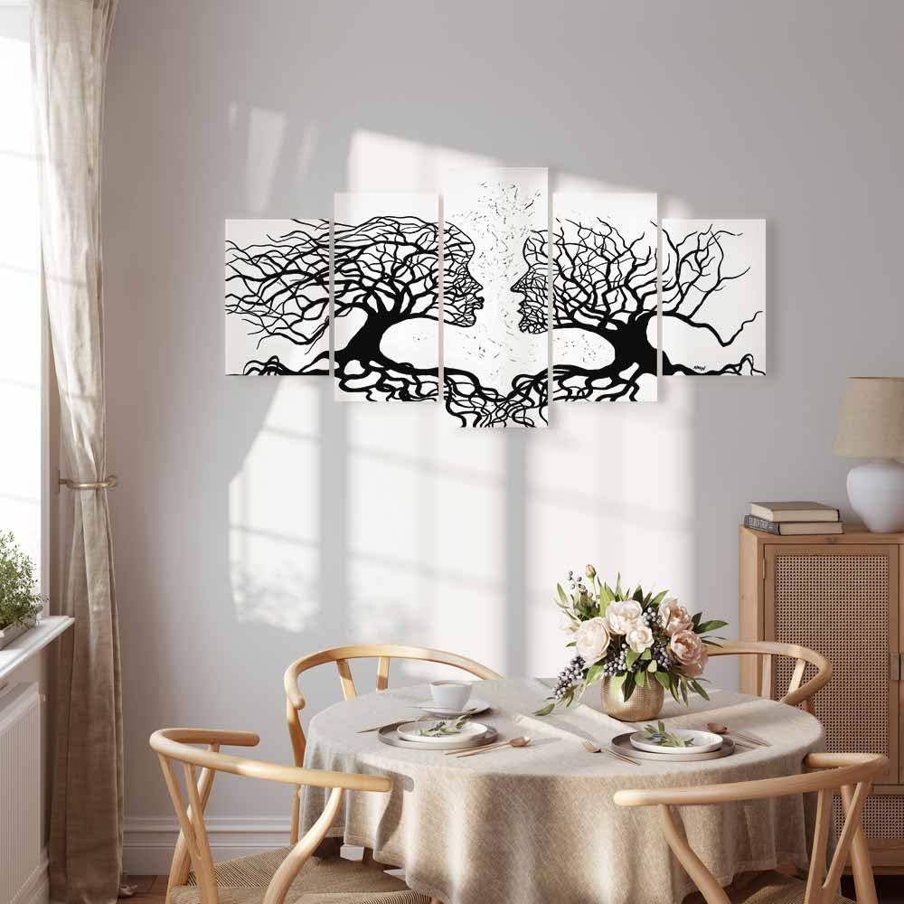 Cuadros B&D XXL - Cuadro en Lienzo Abstracto Personas 200x100 Impresión de 5 Piezas Material no Tejido Cuadros Grandes para Dormitorios Impresión Decoracion de Pared Arbol Blanco Negro a-A-0104-b-m