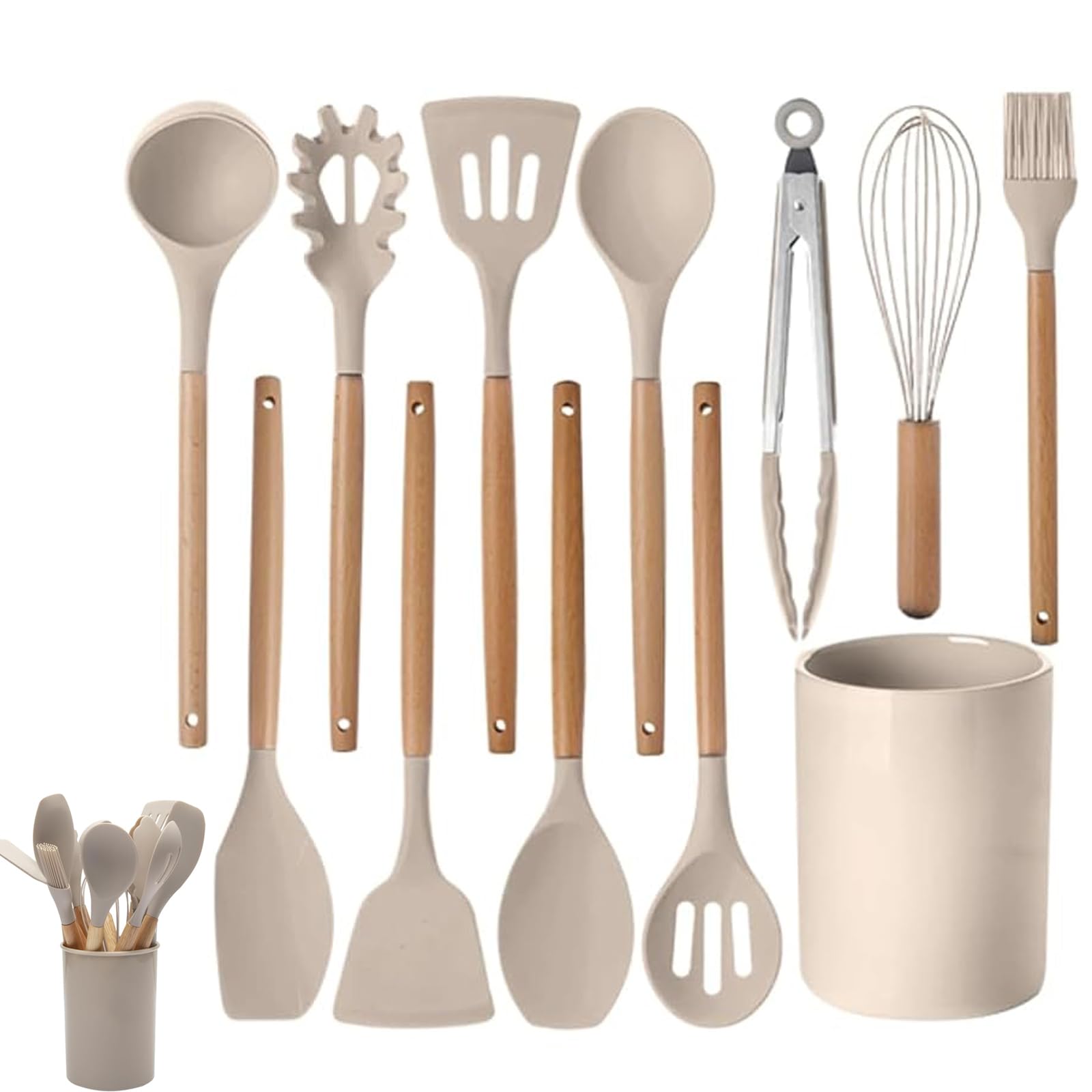 12-Piece Silicone Kitchen Utensil Set with Wooden Handles, Heat-Resistant, Nonstick Cooking Tools Set with Tongs, Spatula, Spoons & Holder, Dishwasher Safe Best Kitchen Gadgets (Grey, One Size)