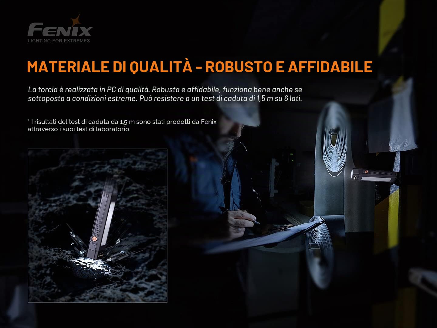 Fenix WT16R, torcia da lavoro ricaricabile e luce di area | 300 lumen | 115 m | max 30 ore | inondazione COB pannello laterale | modalità flash gialla | ampia clip corpo | base magnetica e pannello
