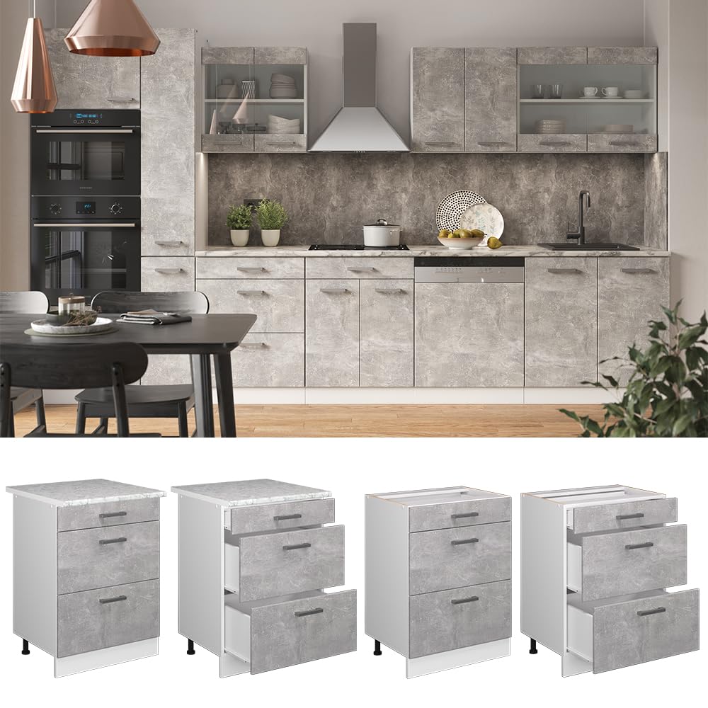 Vicco Mobiletto base per cucina R-Line, Calcestruzzo, 60 cm con cassetti, senza piano di lavoro, per la libera combinazione all'interno di sistemi cucina modulari