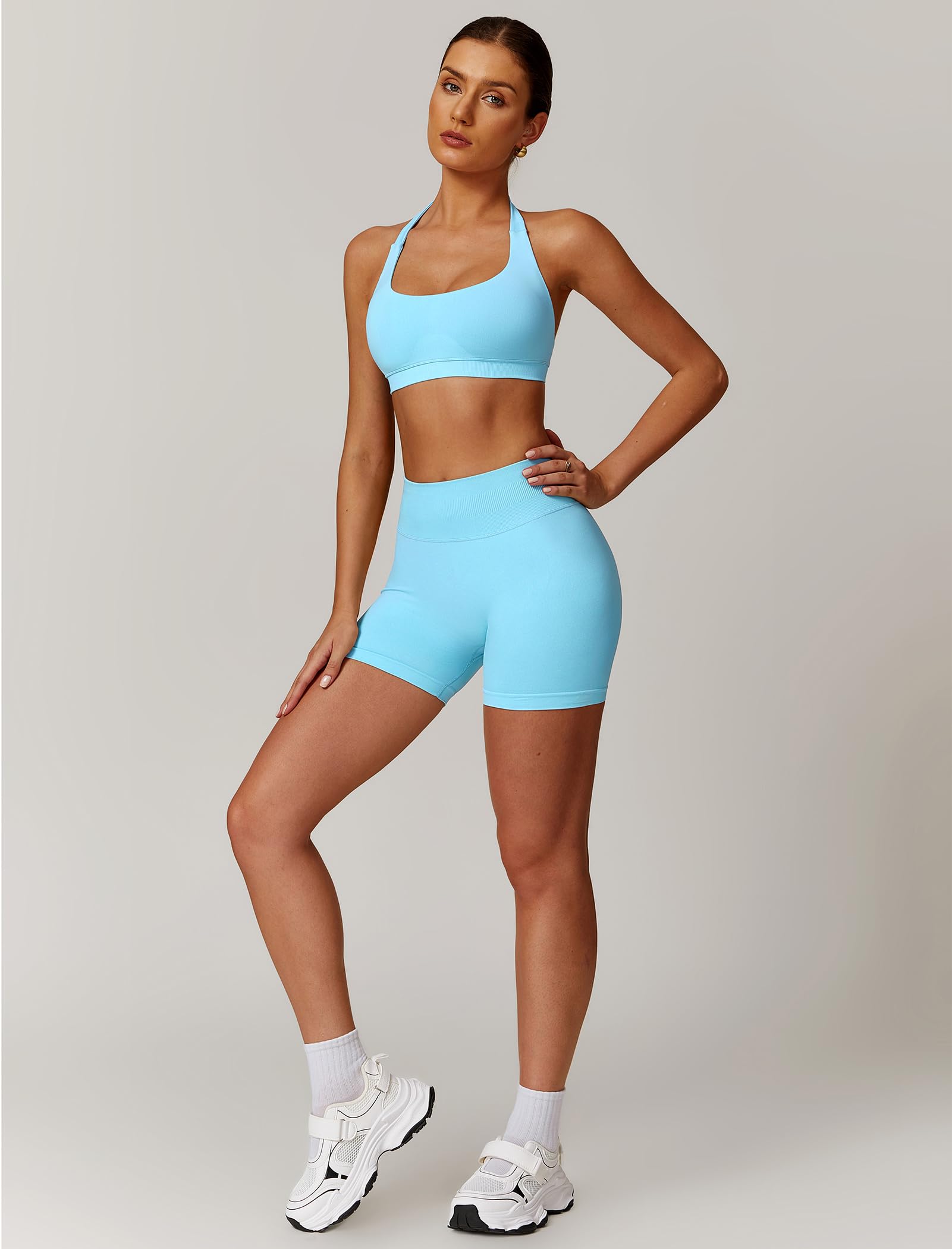 IMEKIS Conjunto de gimnasio de 2 piezas para mujer, sujetador deportivo con cintura alta, pantalones cortos, ropa deportiva, jogging, pilates, entrenamiento, traje deportivo
