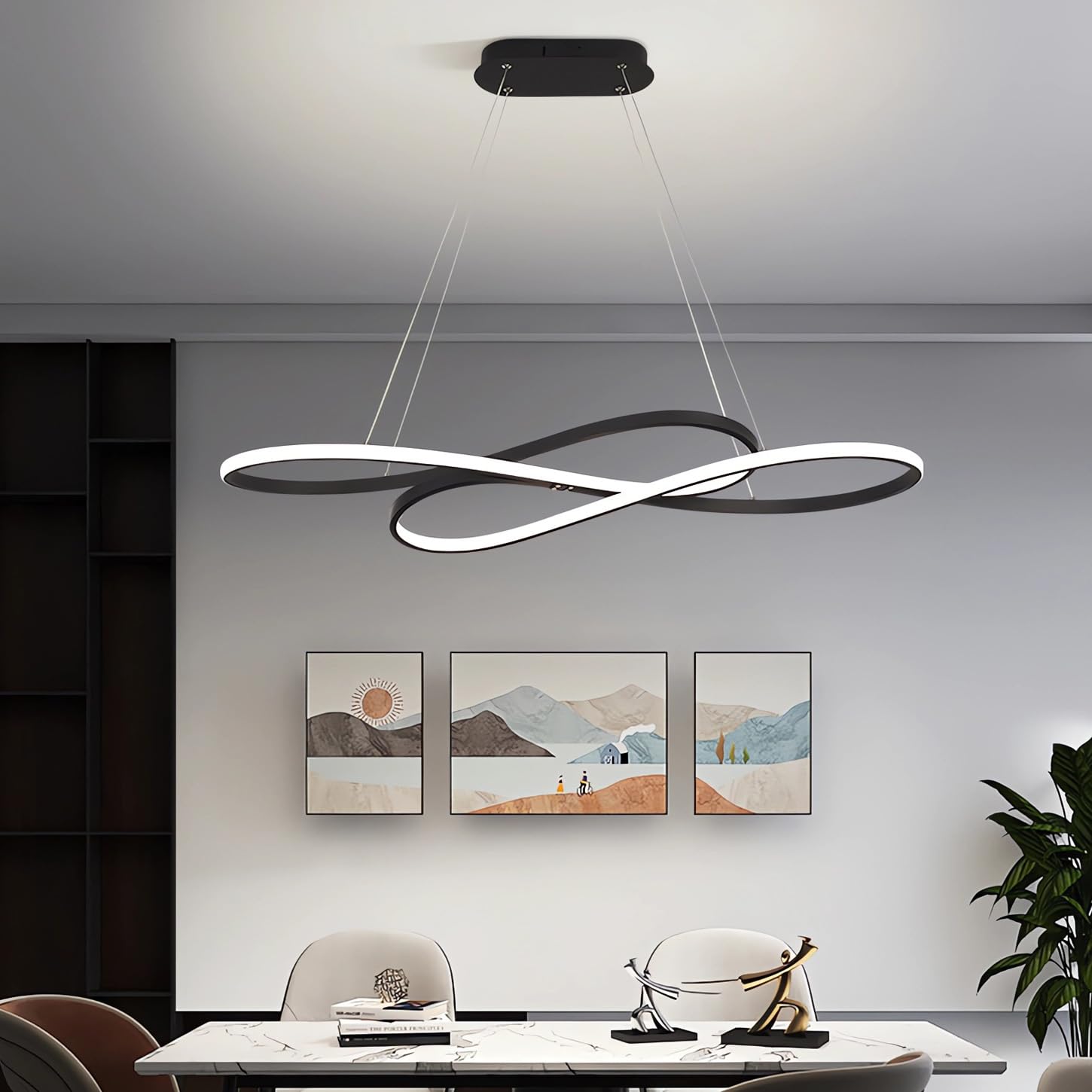 Nowoczesne oświetlenie wiszące Ściemnialna lampa wisząca LED na wyspę kuchenną z pilotem zdalnego sterowania Liniowe oświetlenie wiszące stołu jadalnego z regulacją wysokości (czarna emalia wypalana)