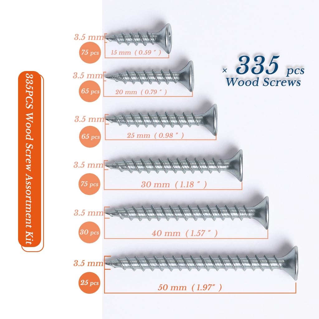 335-teiliges Holzschrauben-Sortimentsset, Silberfarben, Trockenbauschrauben, Flachkopf, Kreuzschlitz, Schrauben-Set, verzinktes Grobgewinde (6 Größen: M3,5 x 15 mm bis M3,5 x 50 mm), ideal für Möbel