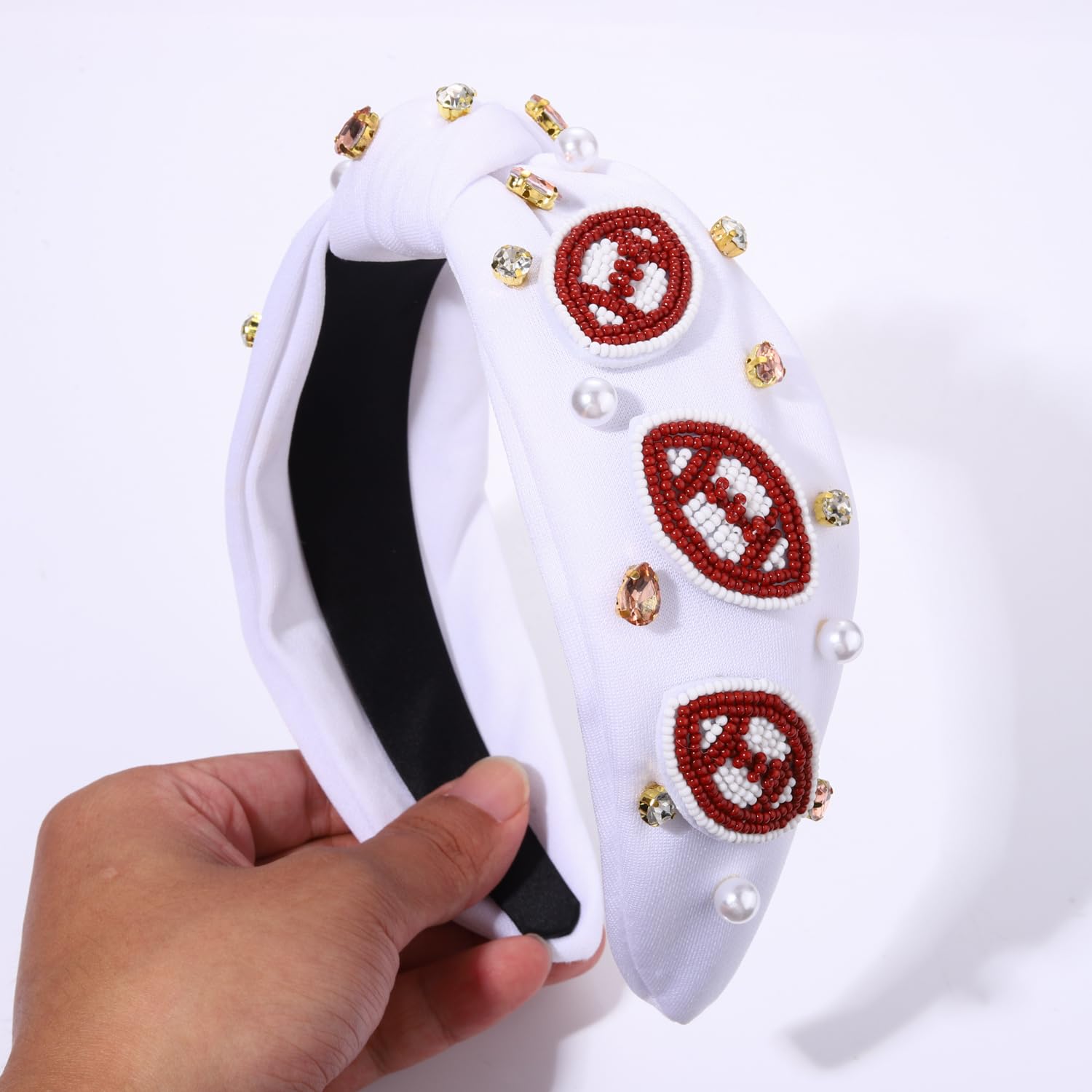 Ronni Blake & Co Football Knotted Headband Women OS Cream Excellent Pearl Charms Twine and Love | Statement Knot Headband | Handcrafted  main image 3