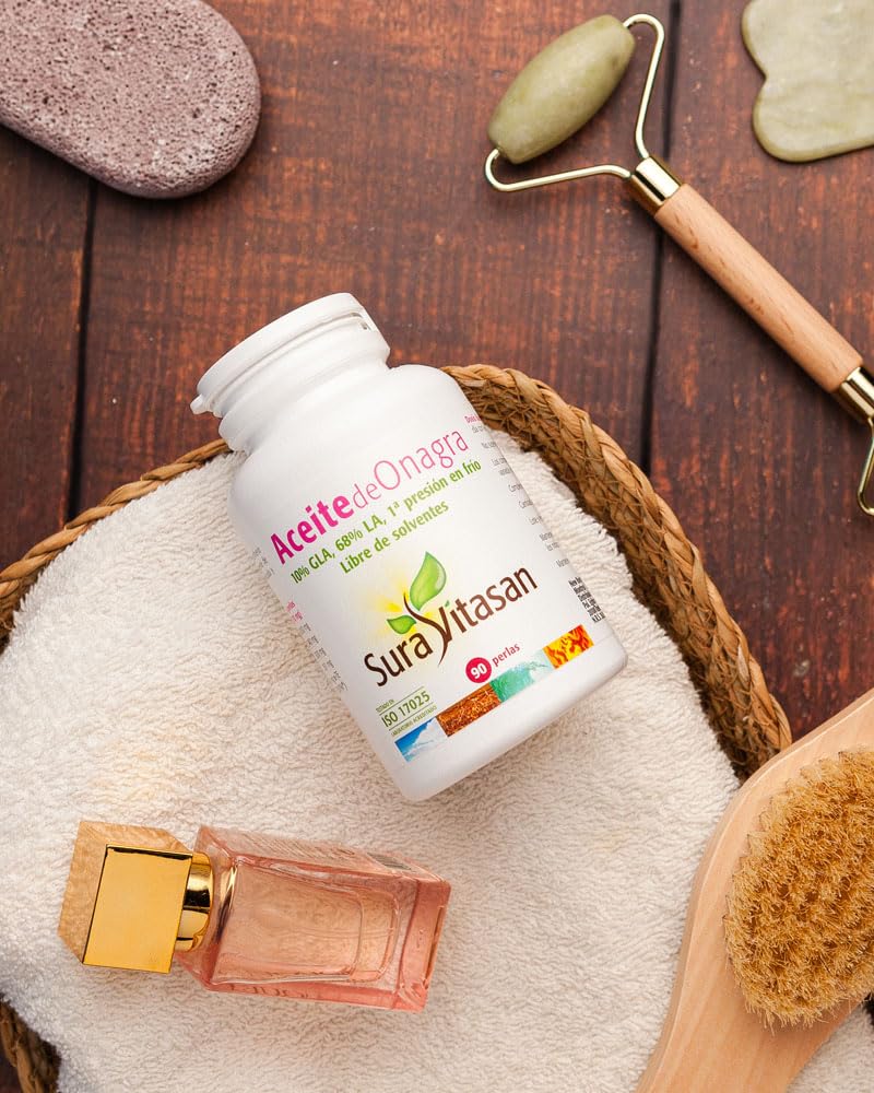 SURA VITASAN Aceite de Onagra 500 mg 540 Perlas Primera Presión en Frío | 68% LA y 10% GLA con Vitamina E, para Equilibrio Hormonal Femenino, Confort en Ciclo Menstrual y Salud de Piel