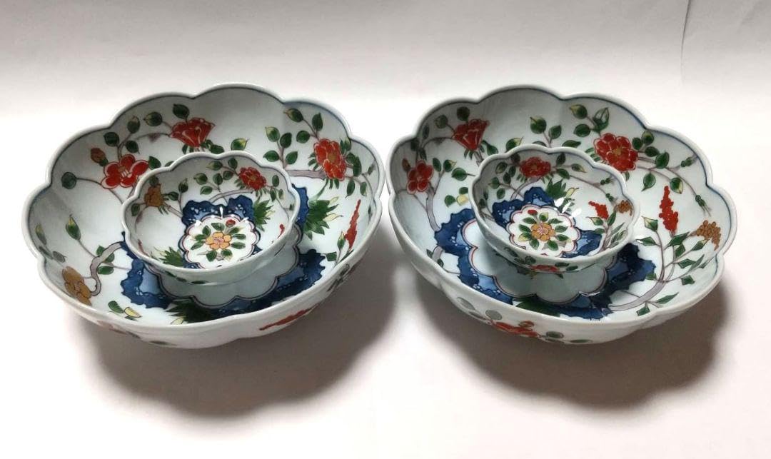 Genemon Kiln Dyed Nishiki Flower Pattern, Facing Pot, Inokuchi, Set of 2