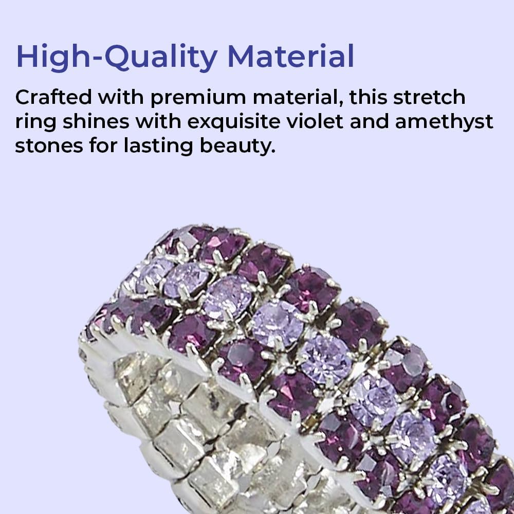 Violet Crystal Stretch Ring, Sparkling Rhinestone Fashion Jewelry for Women of All Ages, Elastic Band Stretches to Fit Most